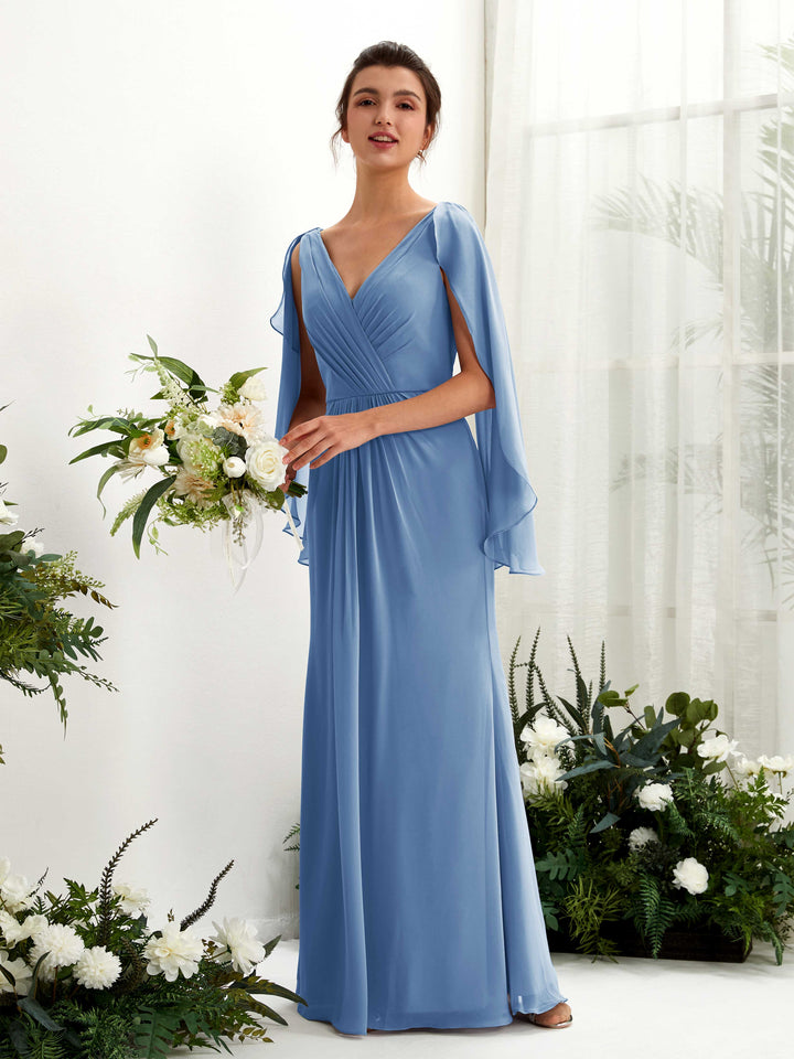 A-line V-neck Chiffon Bridesmaid Dress - Dusty Blue (80220110)