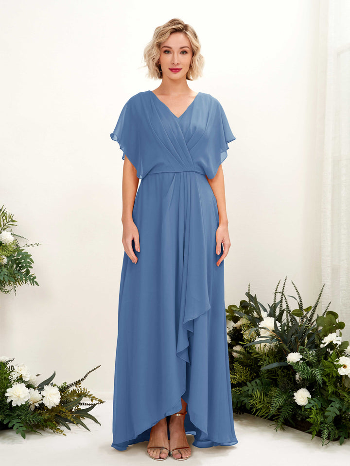 A-line V-neck Short Sleeves Chiffon Bridesmaid Dress - Dusty Blue (81222110)