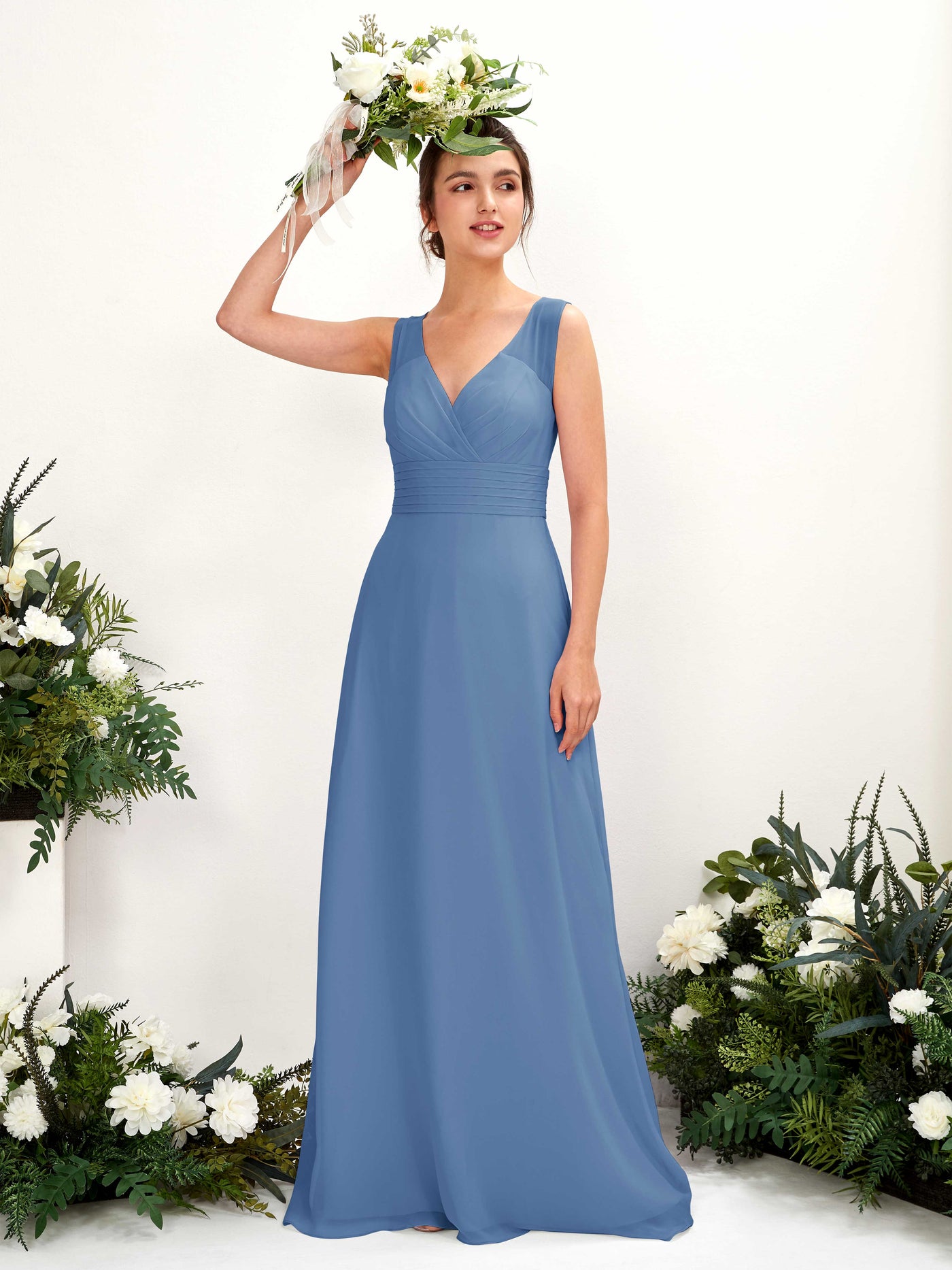 Carlyna Karen A-Line Dusty Blue Bridesmaid Dress Maxi Sleeveless V-Neck Dress #color_dusty-blue