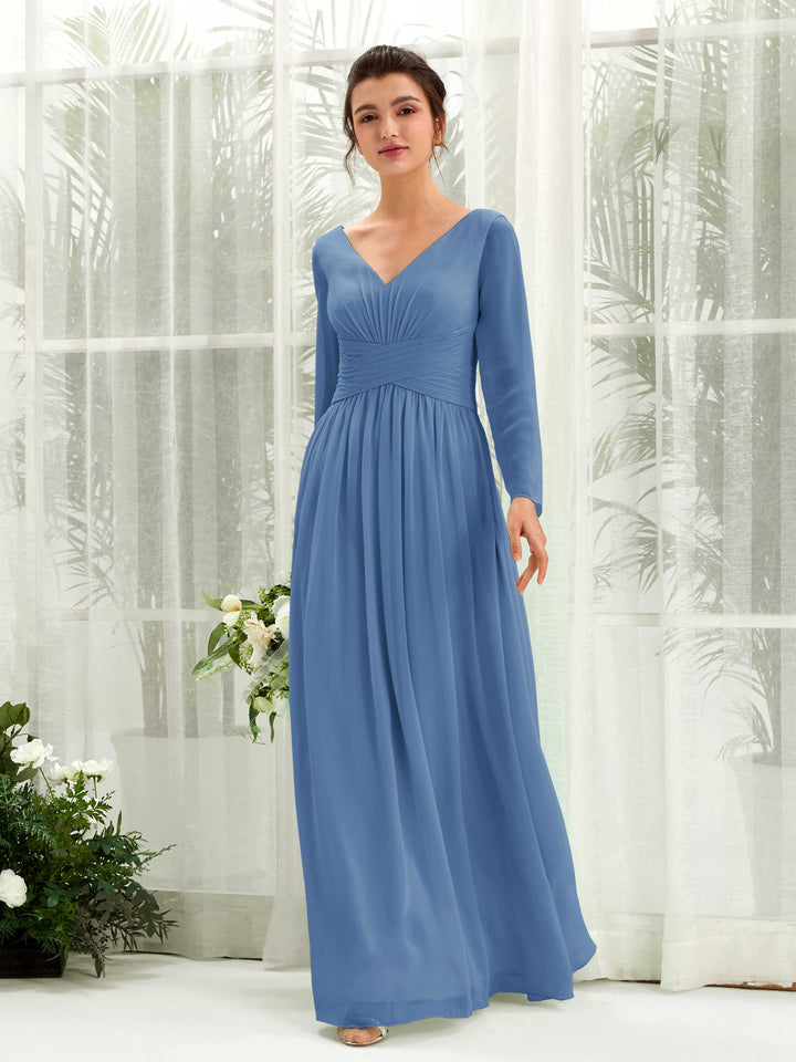 Ball Gown V-neck Long Sleeves Chiffon Bridesmaid Dress - Dusty Blue (81220310)