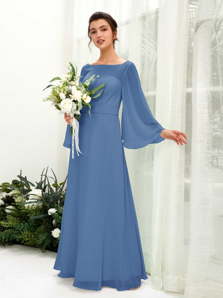 Bateau Illusion Long Sleeves Chiffon Bridesmaid Dress - Dusty Blue (81220510)