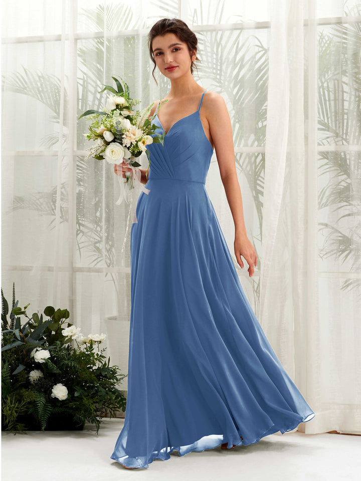 Spaghetti-straps V-neck Sleeveless Bridesmaid Dress - Dusty Blue (81224210)