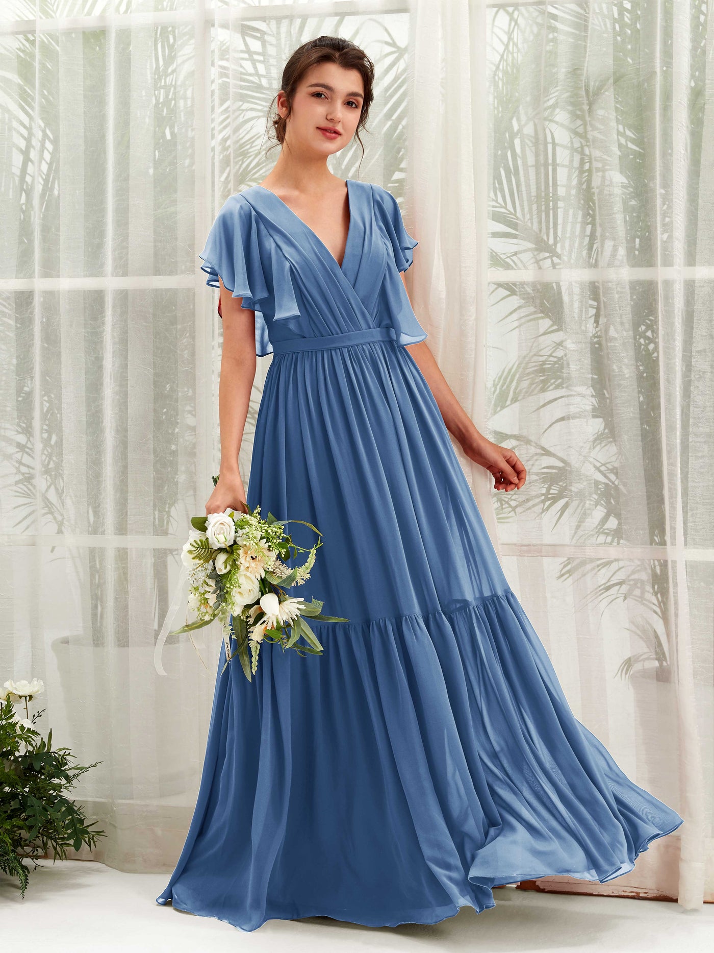 V-neck Cap Sleeves Chiffon Bridesmaid Dress - Dusty Blue (81225910)#color_dusty-blue