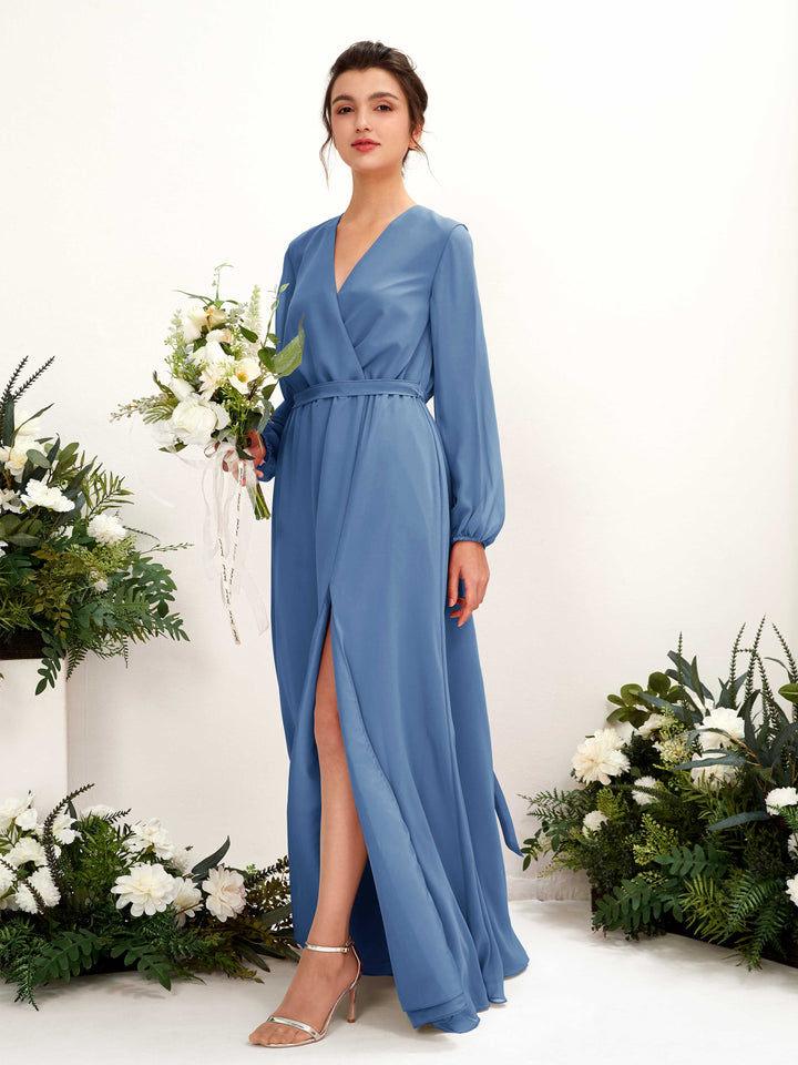 V-neck Long Sleeves Chiffon Bridesmaid Dress - Dusty Blue (81223210)