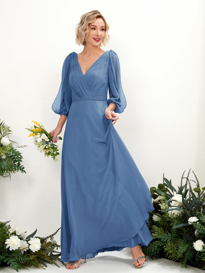 V-neck 3/4 Sleeves Chiffon Bridesmaid Dress - Dusty Blue (81223510)