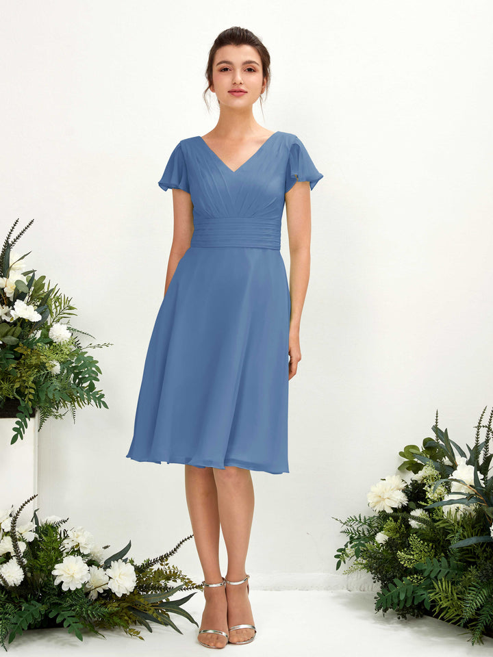 V-neck Short Sleeves Chiffon Bridesmaid Dress - Dusty Blue (81220210)