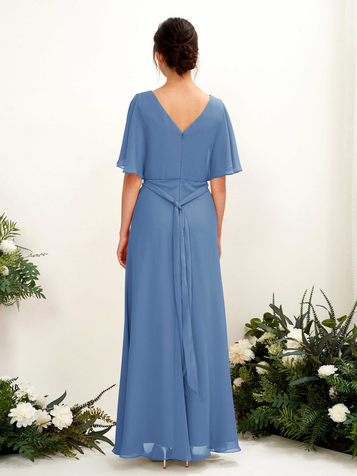 Carlyna Merta A-Line Dusty Blue Bridesmaid Dress Maxi Short Sleeve V-Neck Dress #color_dusty-blue