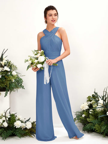 Carlyna Hilona Jumpsuit Dusty Blue Bridesmaid Dress Maxi Sleeveless V-Neck Dress #color_dusty-blue