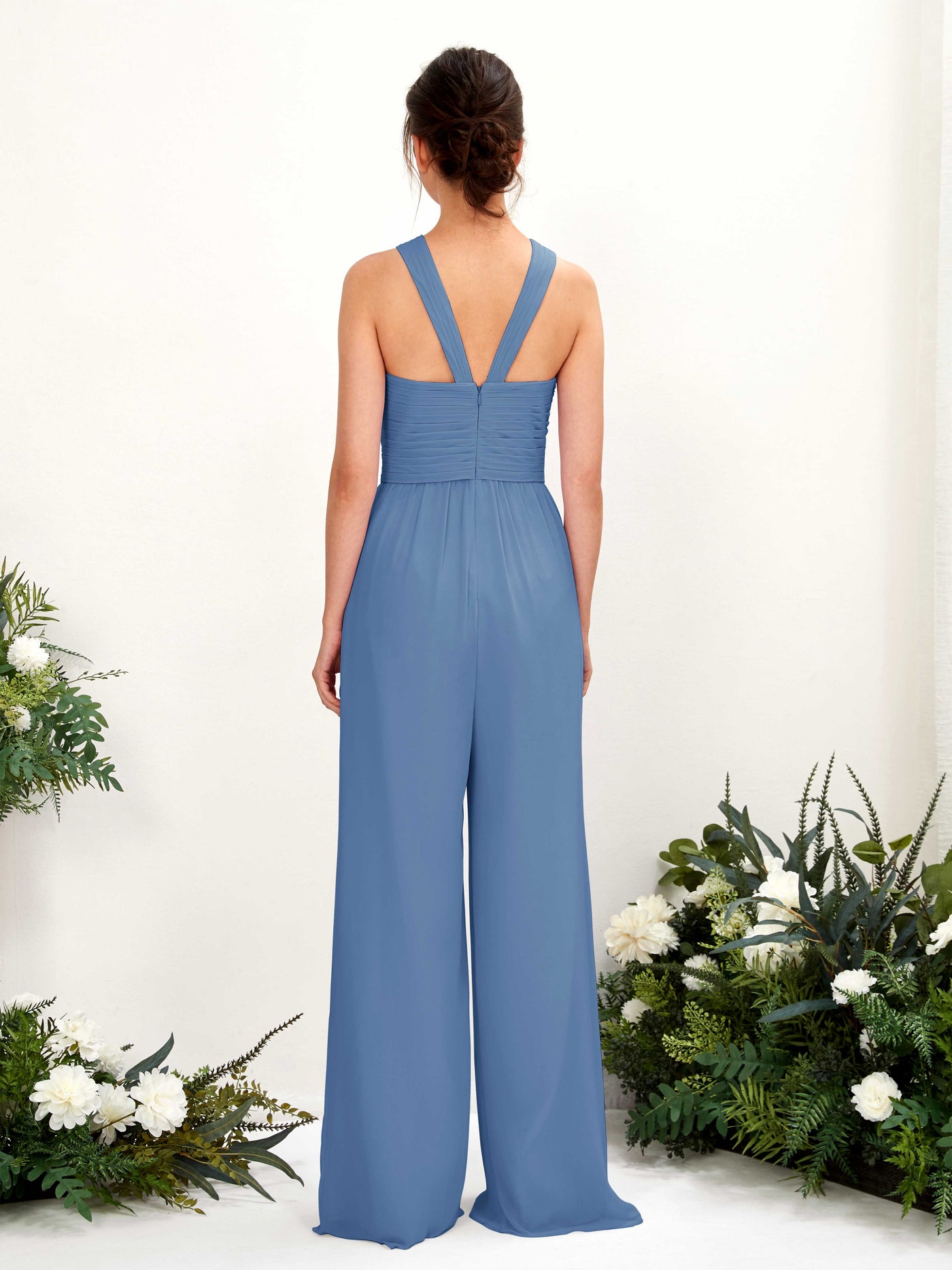 Carlyna Hilona Jumpsuit Dusty Blue Bridesmaid Dress Maxi Sleeveless V-Neck Dress #color_dusty-blue