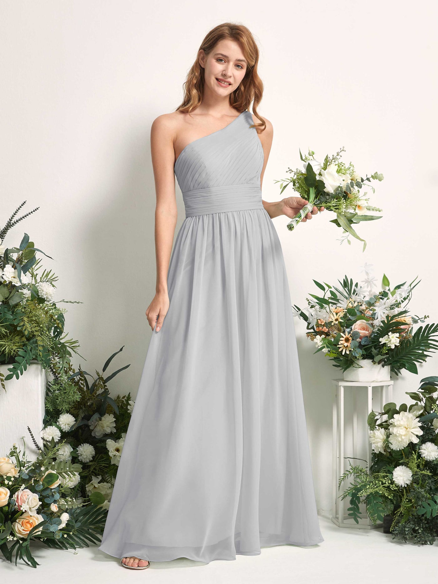 Bridesmaid Dress A-line Chiffon One Shoulder Full Length Sleeveless Wedding Party Dress - Silver (81226727)#color_silver