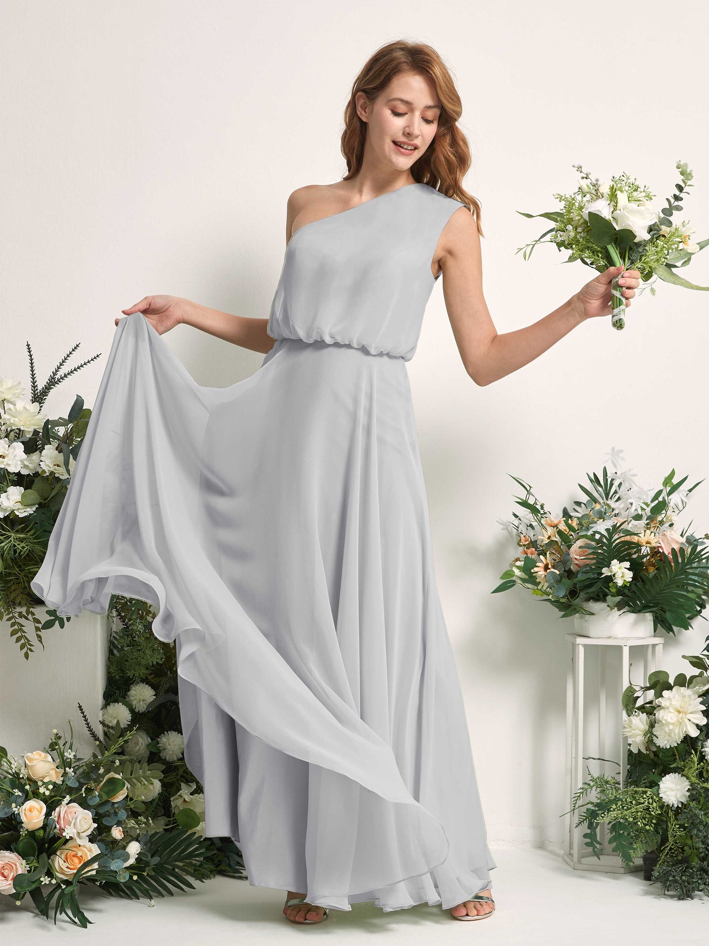 Bridesmaid Dress A-line Chiffon One Shoulder Full Length Sleeveless Wedding Party Dress - Silver (81226827)#color_silver