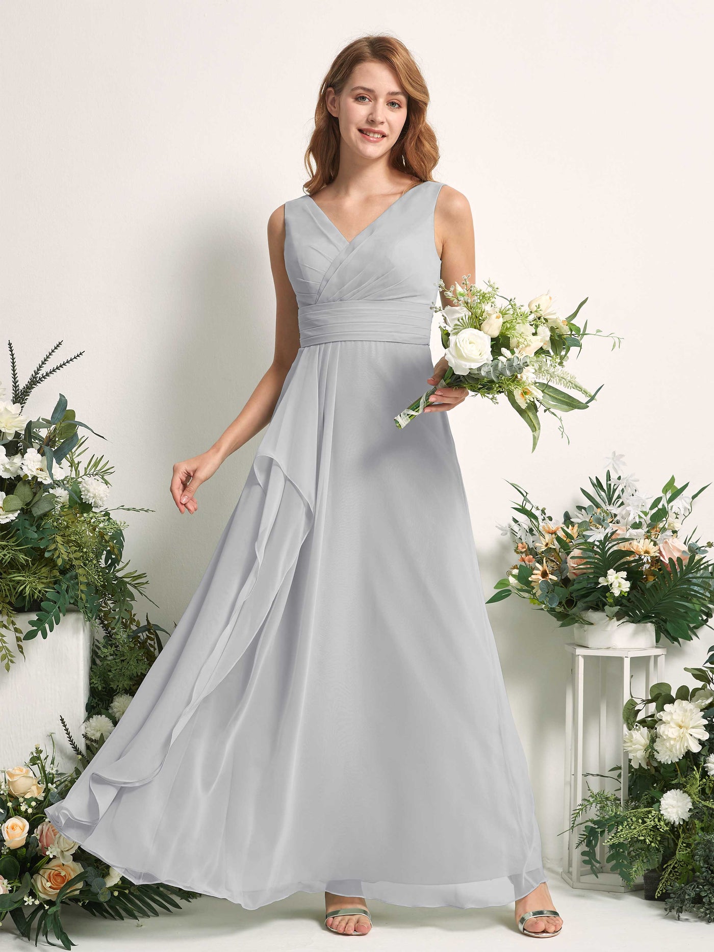 Carlyna Mollie A-Line Silver Bridesmaid Dress Maxi Sleeveless V-Neck Dress #color_silver