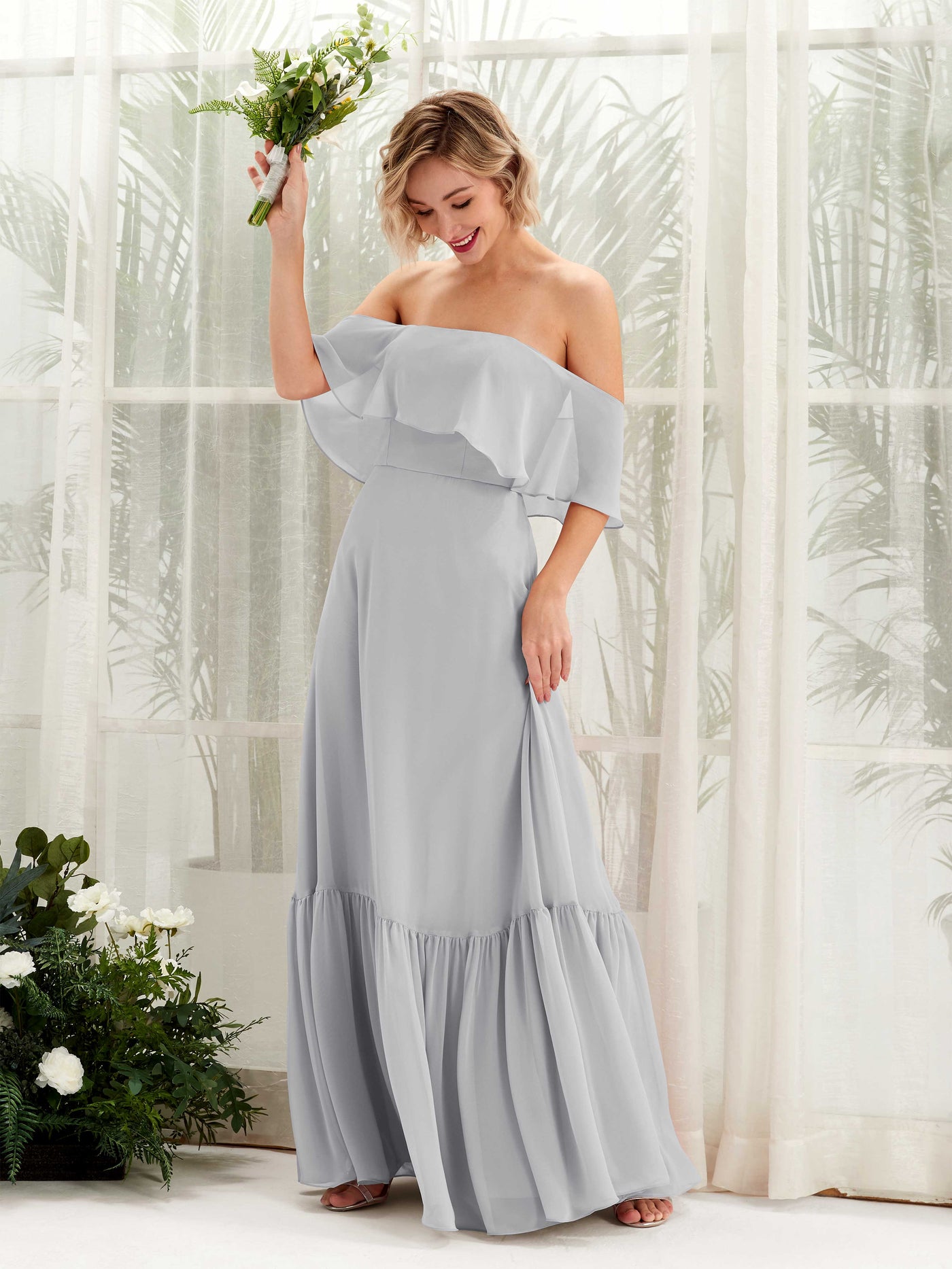 Carlyna Joie A-Line Silver Bridesmaid Dress Maxi Sleeveless Off the Shoulder Dress #color_silver