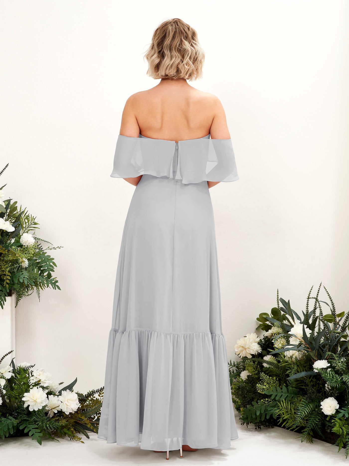 Carlyna Joie A-Line Silver Bridesmaid Dress Maxi Sleeveless Off the Shoulder Dress #color_silver