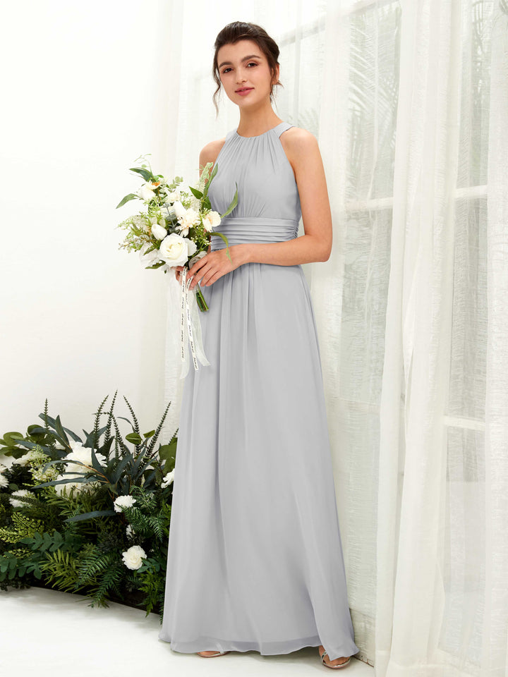 A-line Round Sleeveless Chiffon Bridesmaid Dress - Silver (81221527)