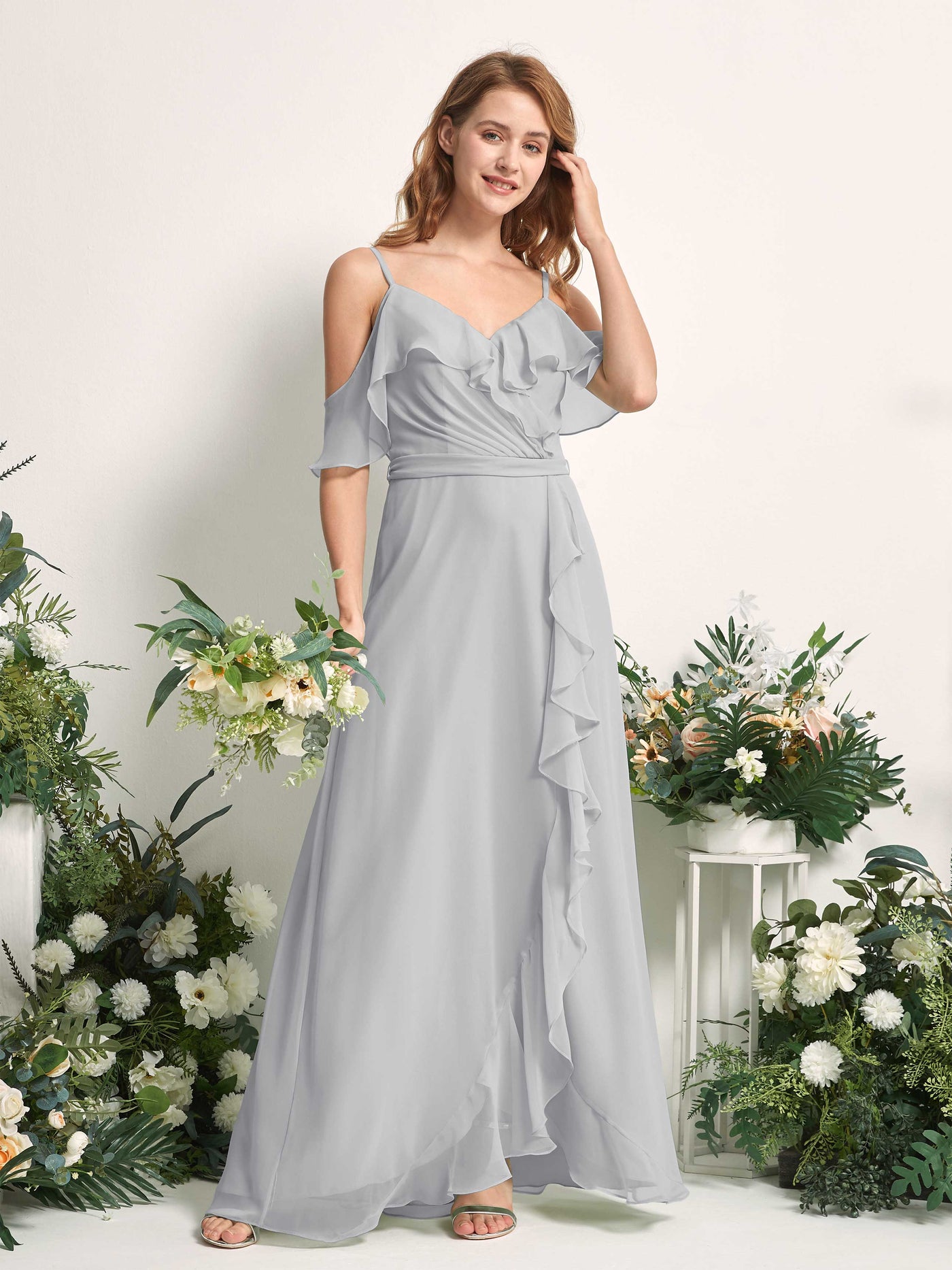 Carlyna Yvette A-Line Silver Bridesmaid Dress Maxi Sleeveless V-Neck Dress #color_silver