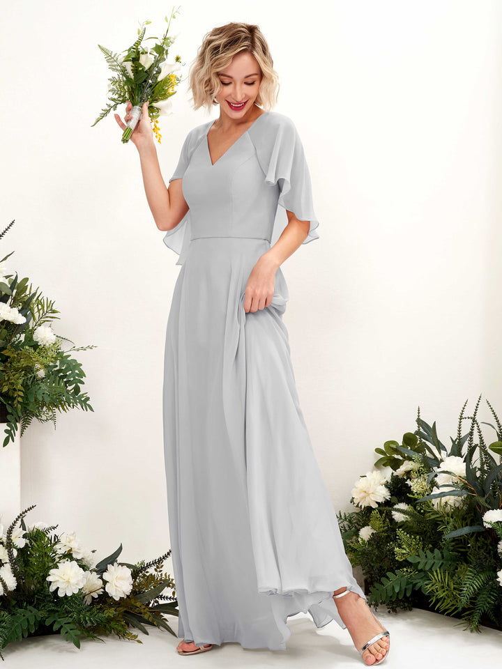 A-line V-neck Short Sleeves Chiffon Bridesmaid Dress - Silver (81224427)