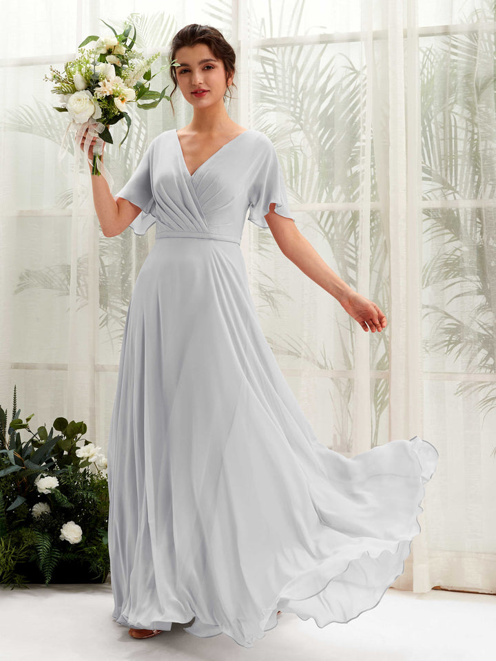 A-line V-neck Short Sleeves Chiffon Bridesmaid Dress - Silver (81224627)