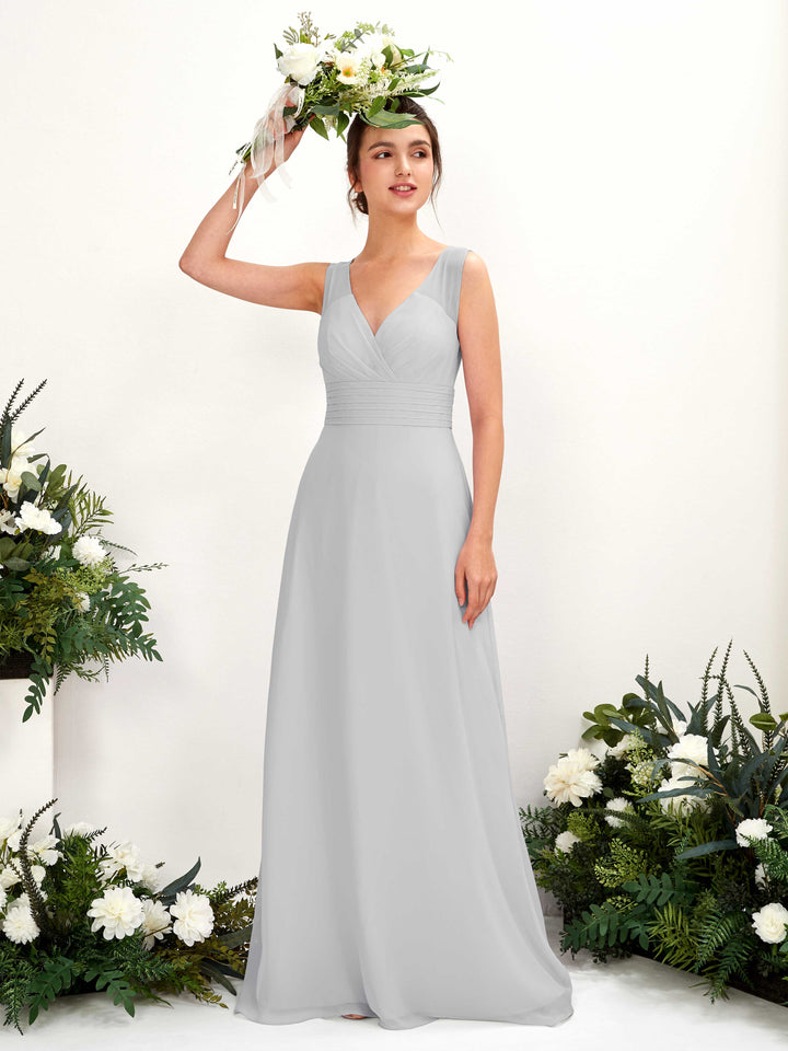 A-line V-neck Sleeveless Chiffon Bridesmaid Dress - Silver (81220927)