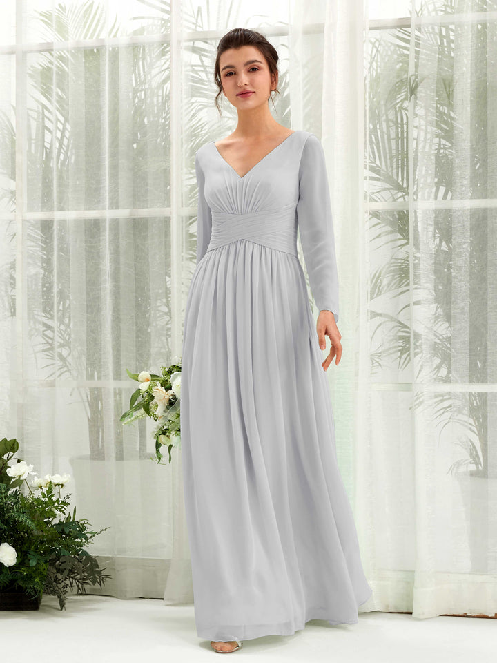 Ball Gown V-neck Long Sleeves Chiffon Bridesmaid Dress - Silver (81220327)