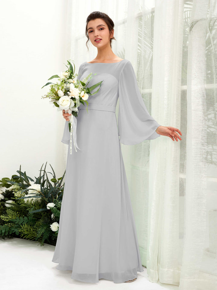 Bateau Illusion Long Sleeves Chiffon Bridesmaid Dress - Silver (81220527)