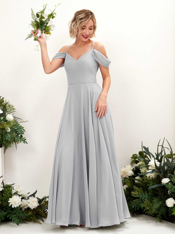 Off Shoulder Straps V-neck Sleeveless Chiffon Bridesmaid Dress - Silver (81224927)