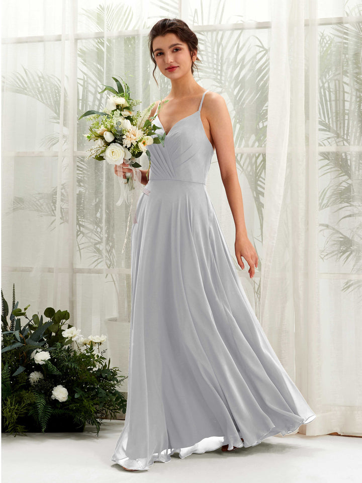 Spaghetti-straps V-neck Sleeveless Bridesmaid Dress - Silver (81224227)