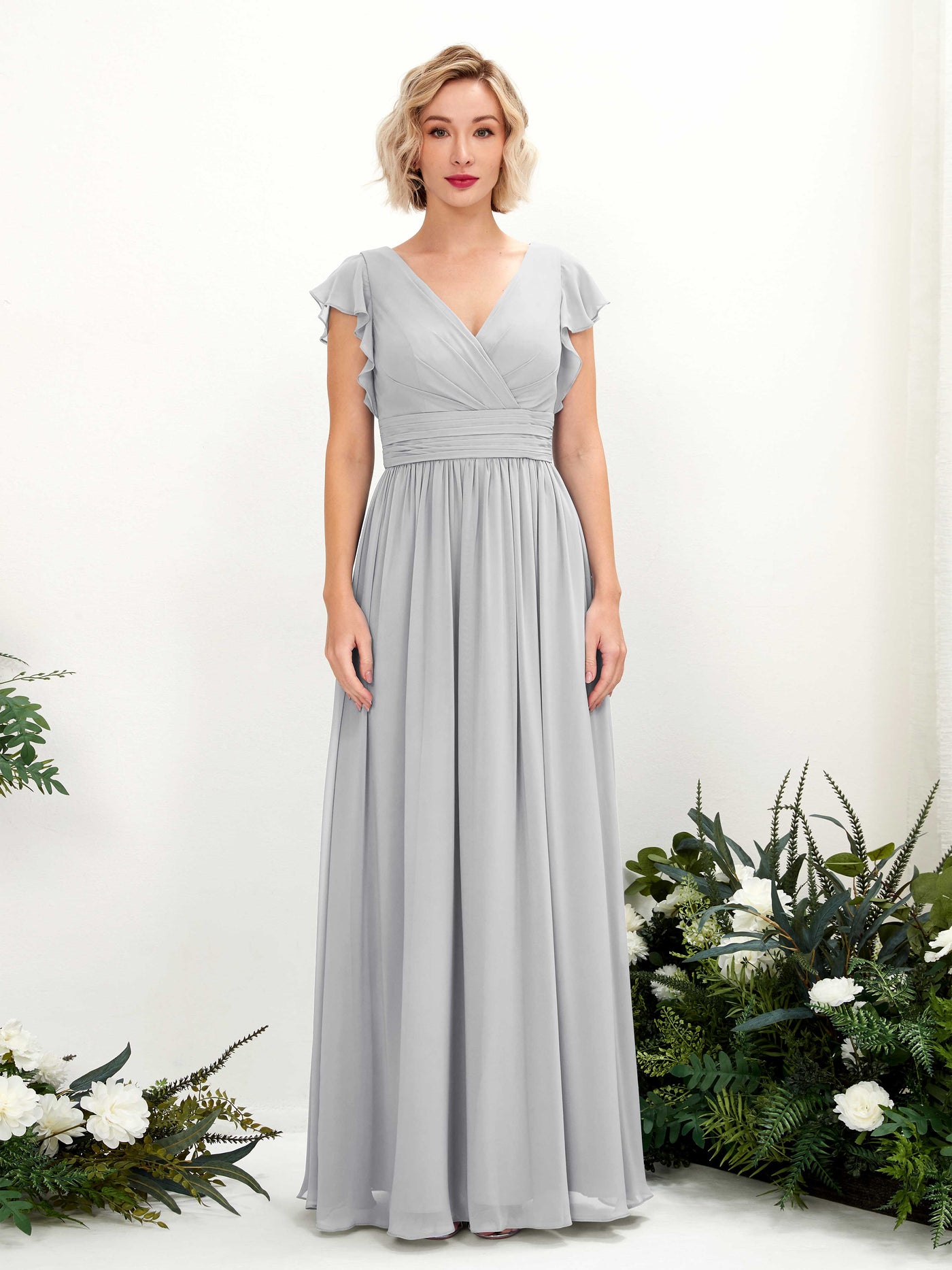 Carlyna Grino A-Line Silver Bridesmaid Dress Maxi Cap Sleeve V-Neck Dress #color_silver