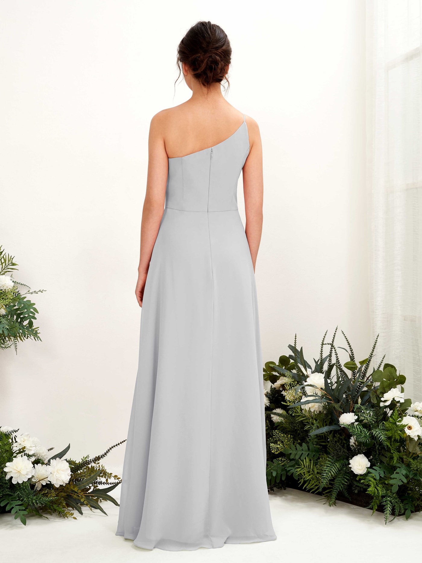 Carlyna Crystal A-Line Silver Bridesmaid Dress Maxi Sleeveless One Shoulder Dress #color_silver