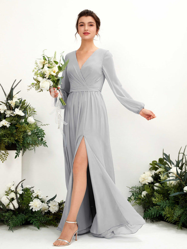 V-neck Long Sleeves Chiffon Bridesmaid Dress - Silver (81223827)