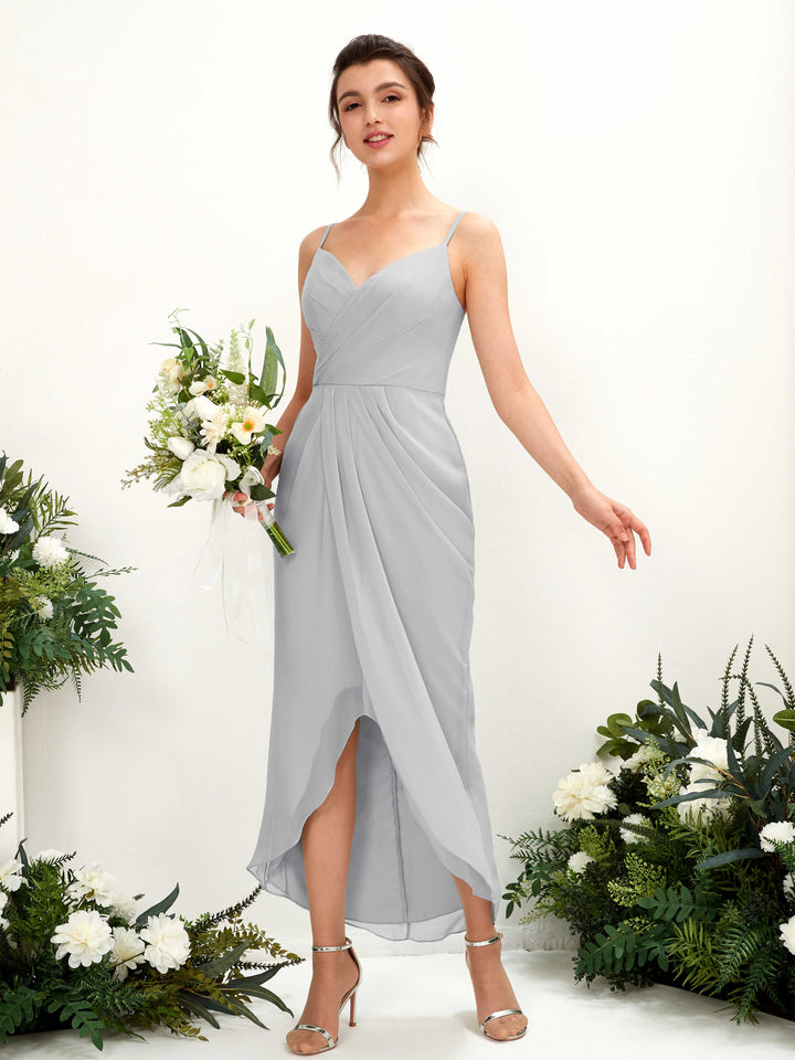 Spaghetti-straps V-neck Sleeveless Chiffon Bridesmaid Dress - Silver (81221327)