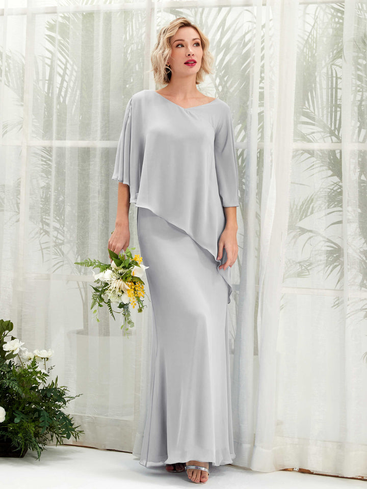 V-neck 3/4 Sleeves Chiffon Bridesmaid Dress - Silver (81222527)