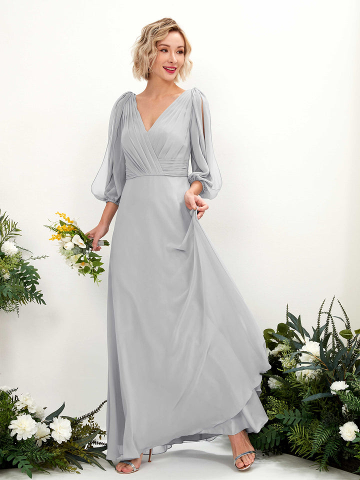 V-neck 3/4 Sleeves Chiffon Bridesmaid Dress - Silver (81223527)