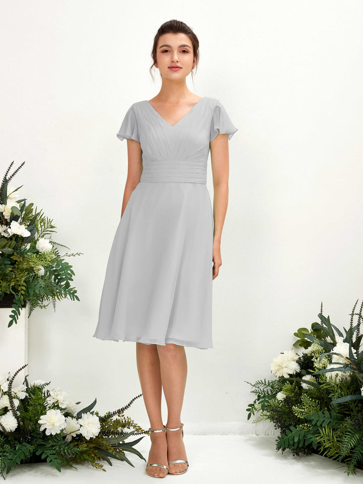 V-neck Short Sleeves Chiffon Bridesmaid Dress - Silver (81220227)