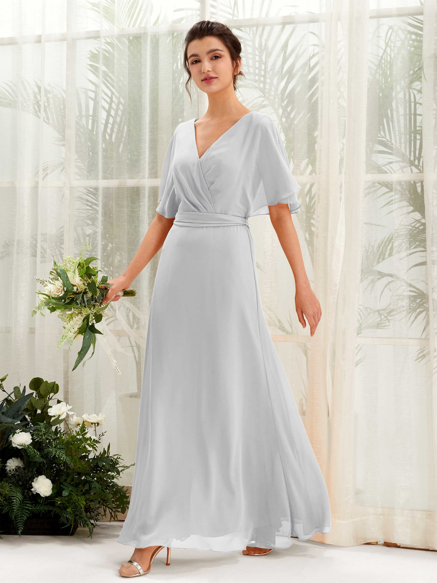 V-neck Short Sleeves Chiffon Bridesmaid Dress - Silver (81222427)#color_silver