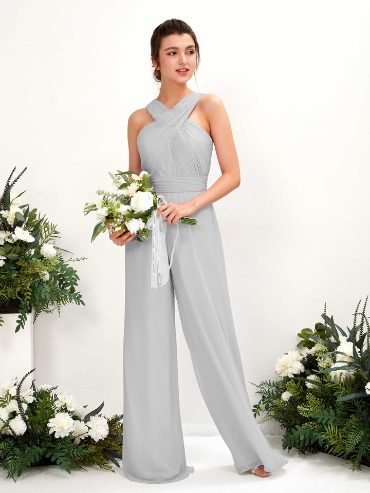 V-neck Sleeveless Chiffon Bridesmaid Dress Wide-Leg Jumpsuit - Silver (81220727)