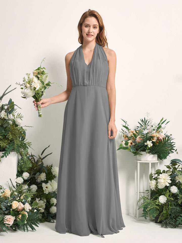 Bridesmaid Dress A-line Chiffon Halter Full Length Short Sleeves Wedding Party Dress - Steel Gray (81226320)