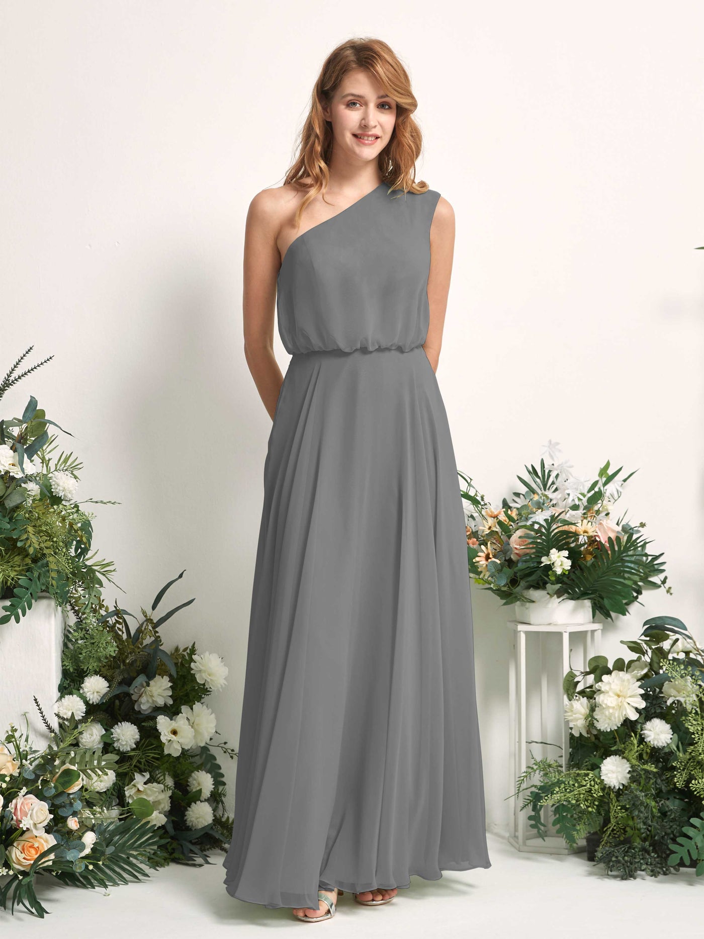 Bridesmaid Dress A-line Chiffon One Shoulder Full Length Sleeveless Wedding Party Dress - Steel Gray (81226820)#color_steel-gray