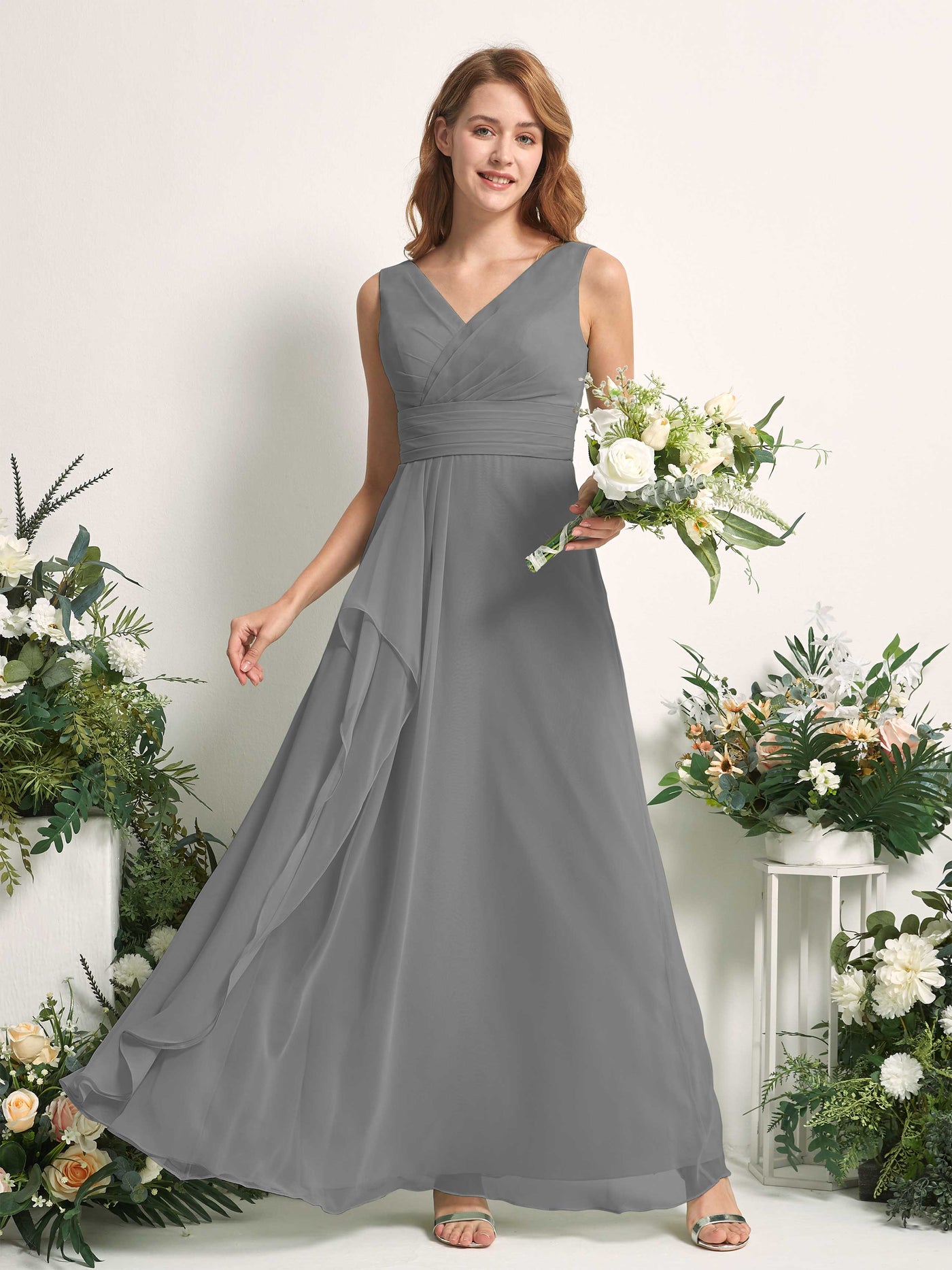 Carlyna Mollie A-Line Steel Gray Bridesmaid Dress Maxi Sleeveless V-Neck Dress #color_steel-gray