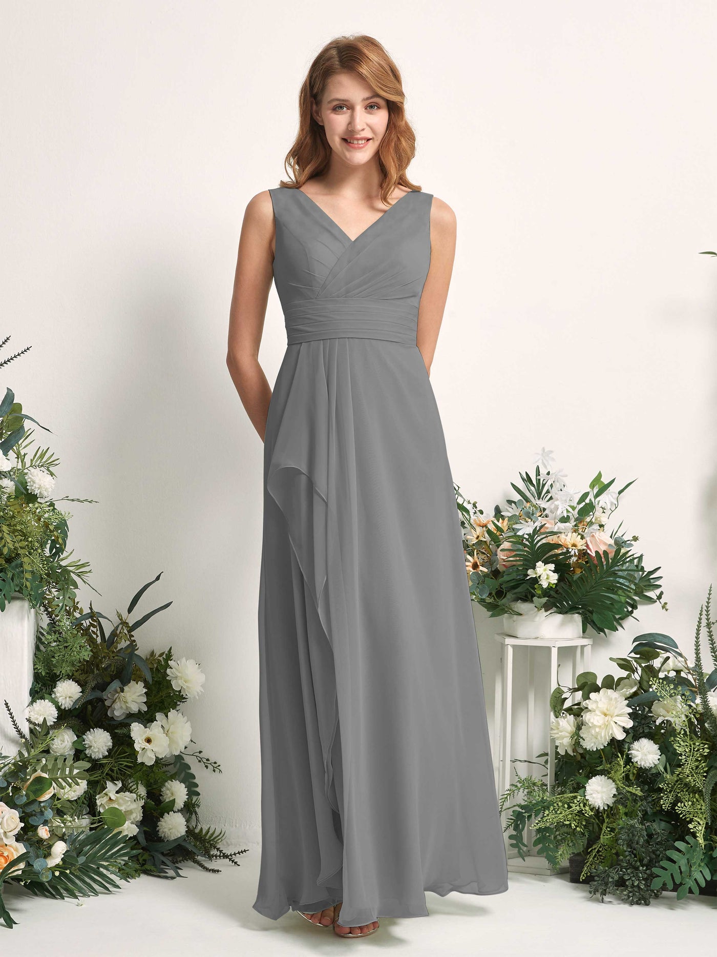 Carlyna Mollie A-Line Steel Gray Bridesmaid Dress Maxi Sleeveless V-Neck Dress #color_steel-gray