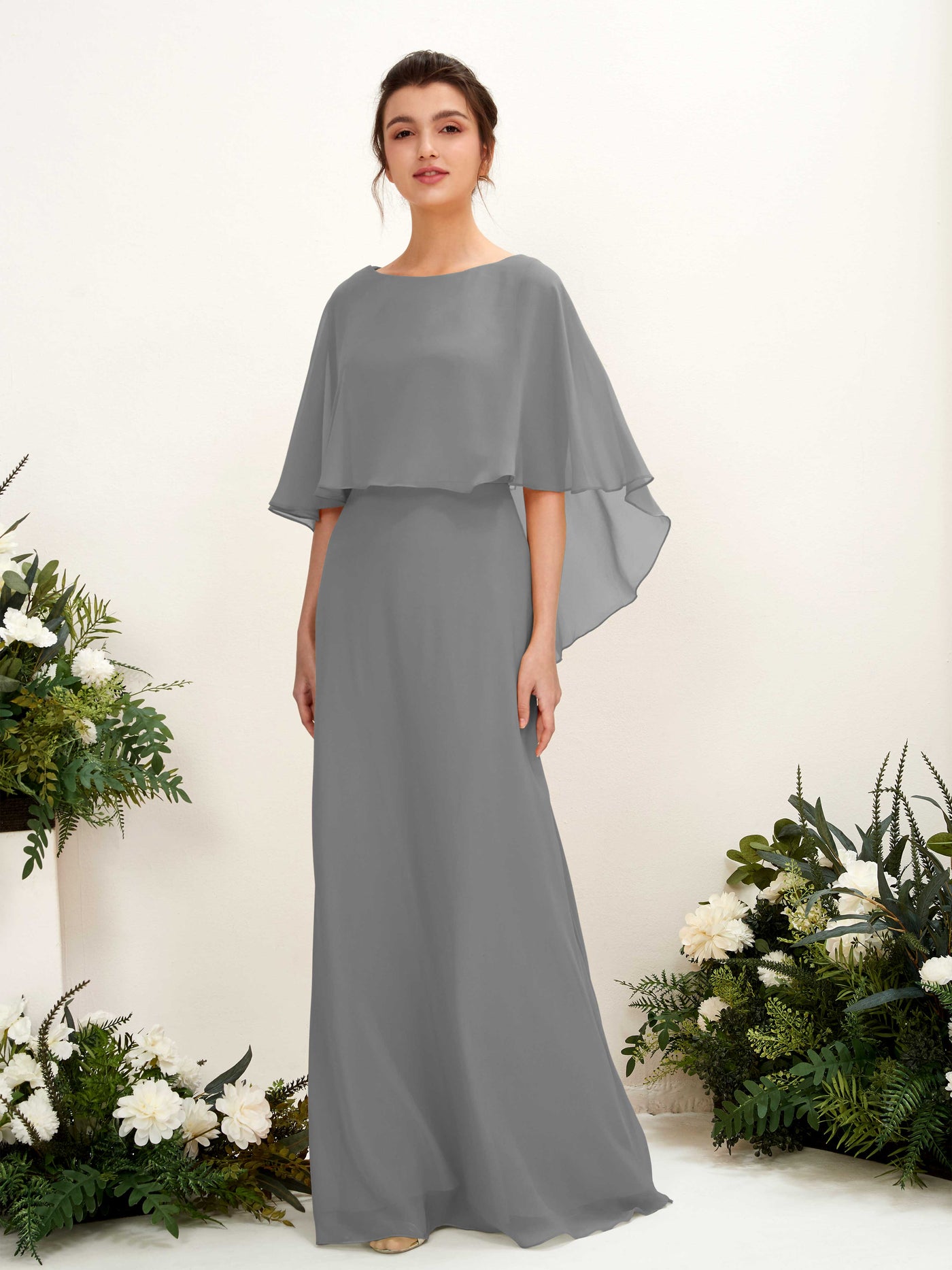 Carlyna Savin Sheath Steel Gray Bridesmaid Dress Maxi Cap Sleeve Boat Neck Dress #color_steel-gray