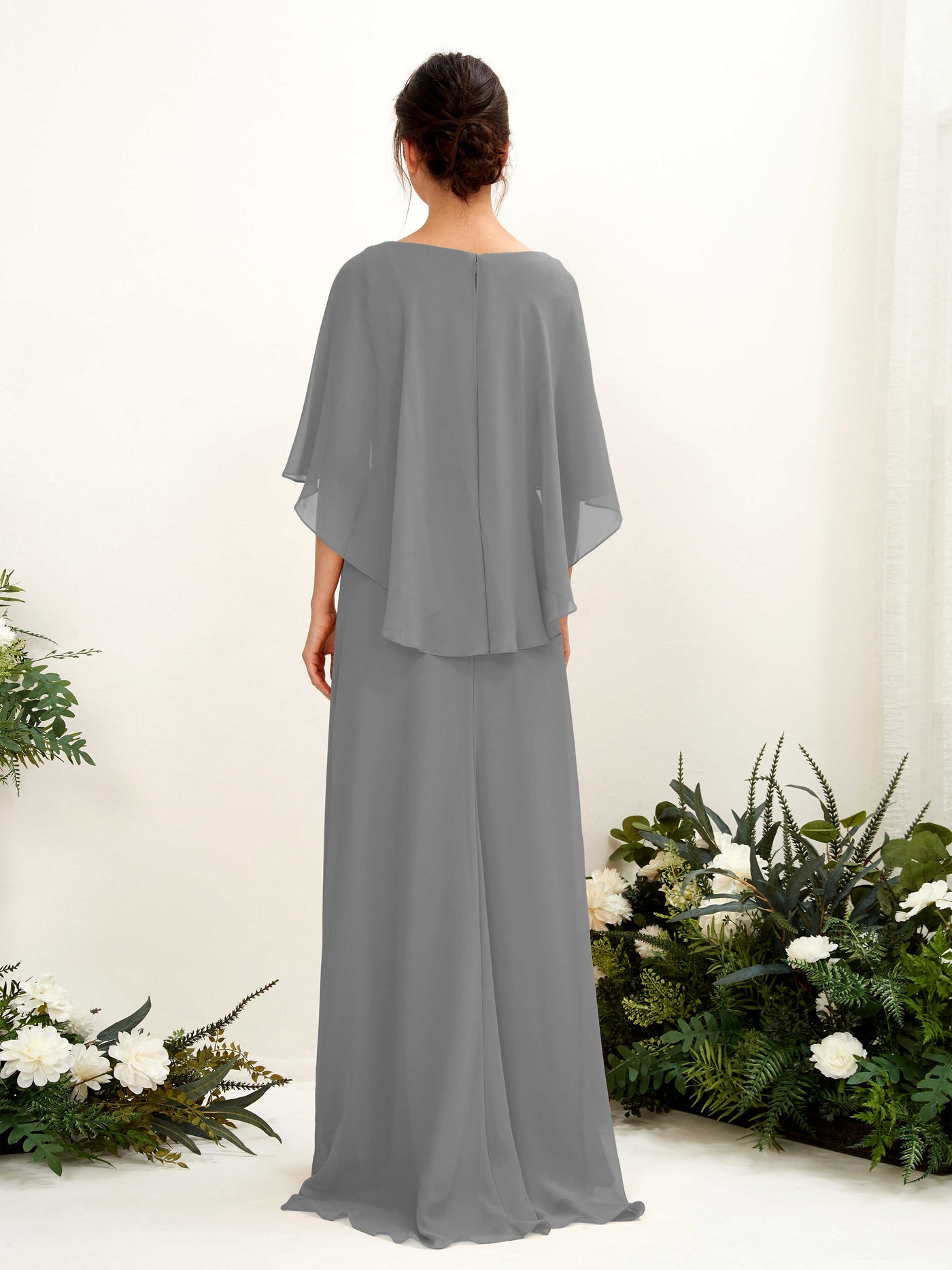 Carlyna Savin Sheath Steel Gray Bridesmaid Dress Maxi Cap Sleeve Boat Neck Dress #color_steel-gray