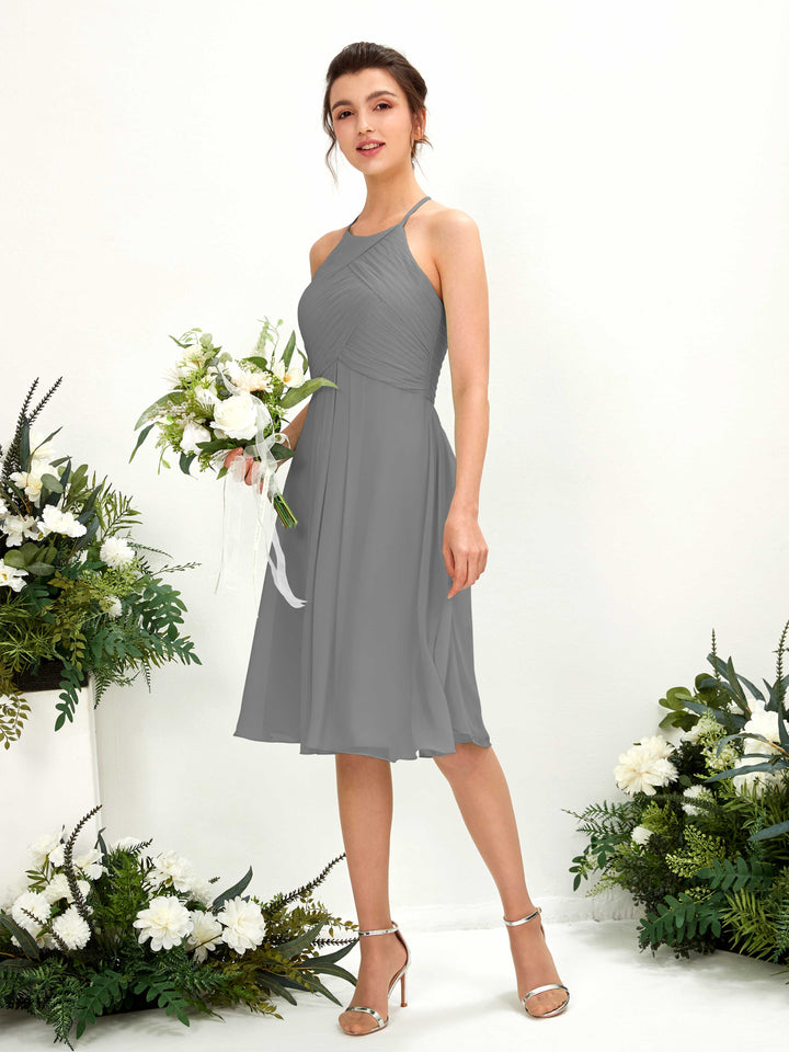 A-line Halter Sleeveless Chiffon Bridesmaid Dress - Steel Gray (81220420)