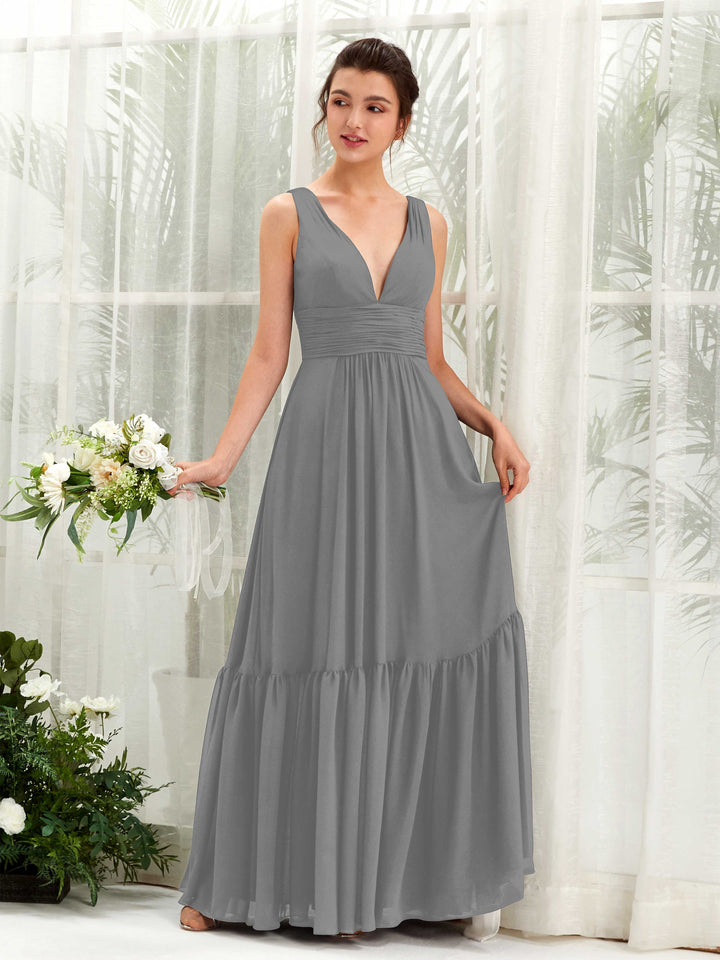 A-line Maternity Straps Sleeveless Chiffon Bridesmaid Dress - Steel Gray (80223720)