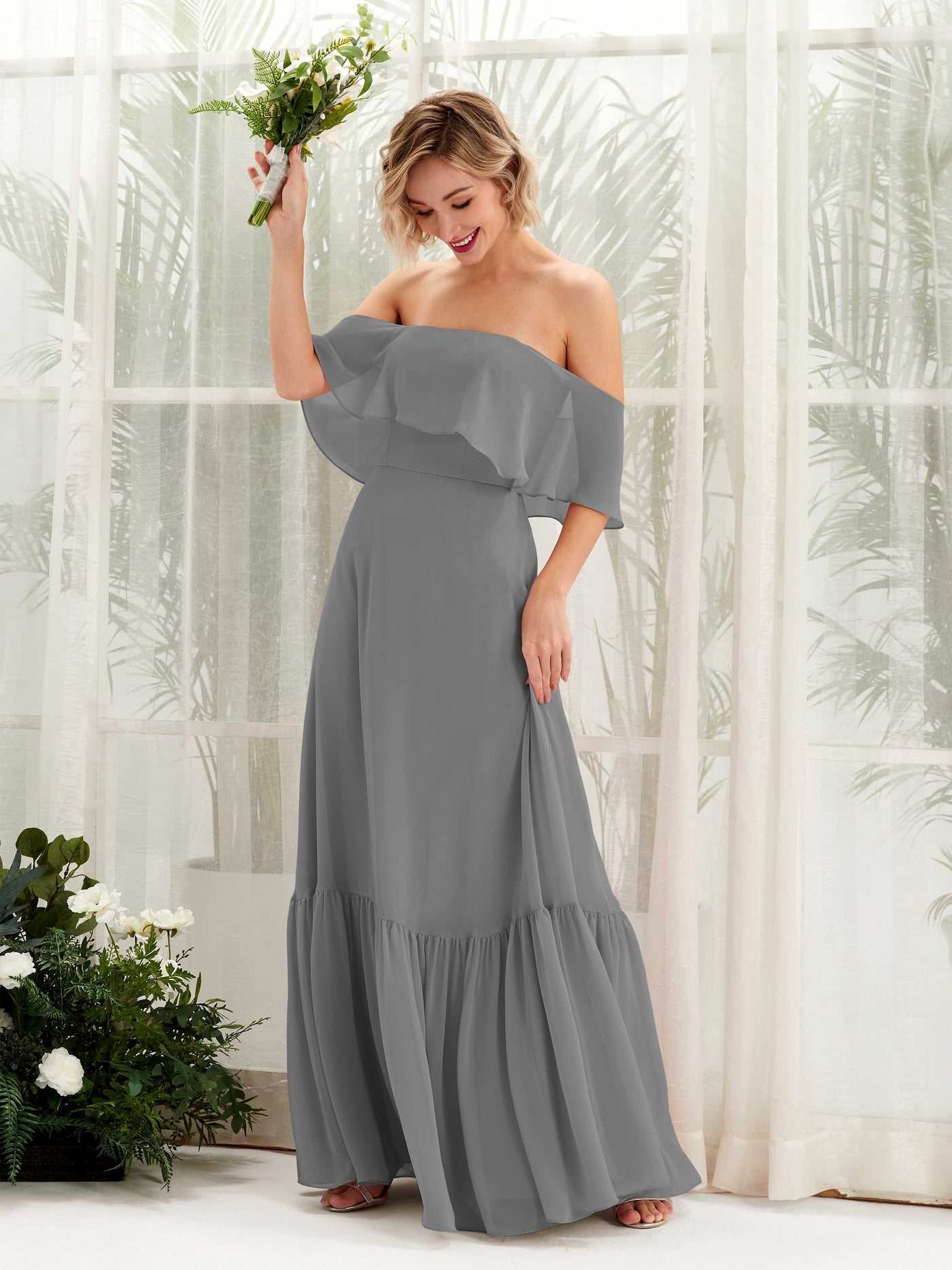 A-line Off Shoulder Chiffon Bridesmaid Dress - Steel Gray (81224520)#color_steel-gray