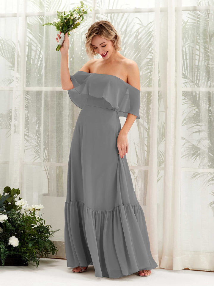 A-line Off Shoulder Chiffon Bridesmaid Dress - Steel Gray (81224520)