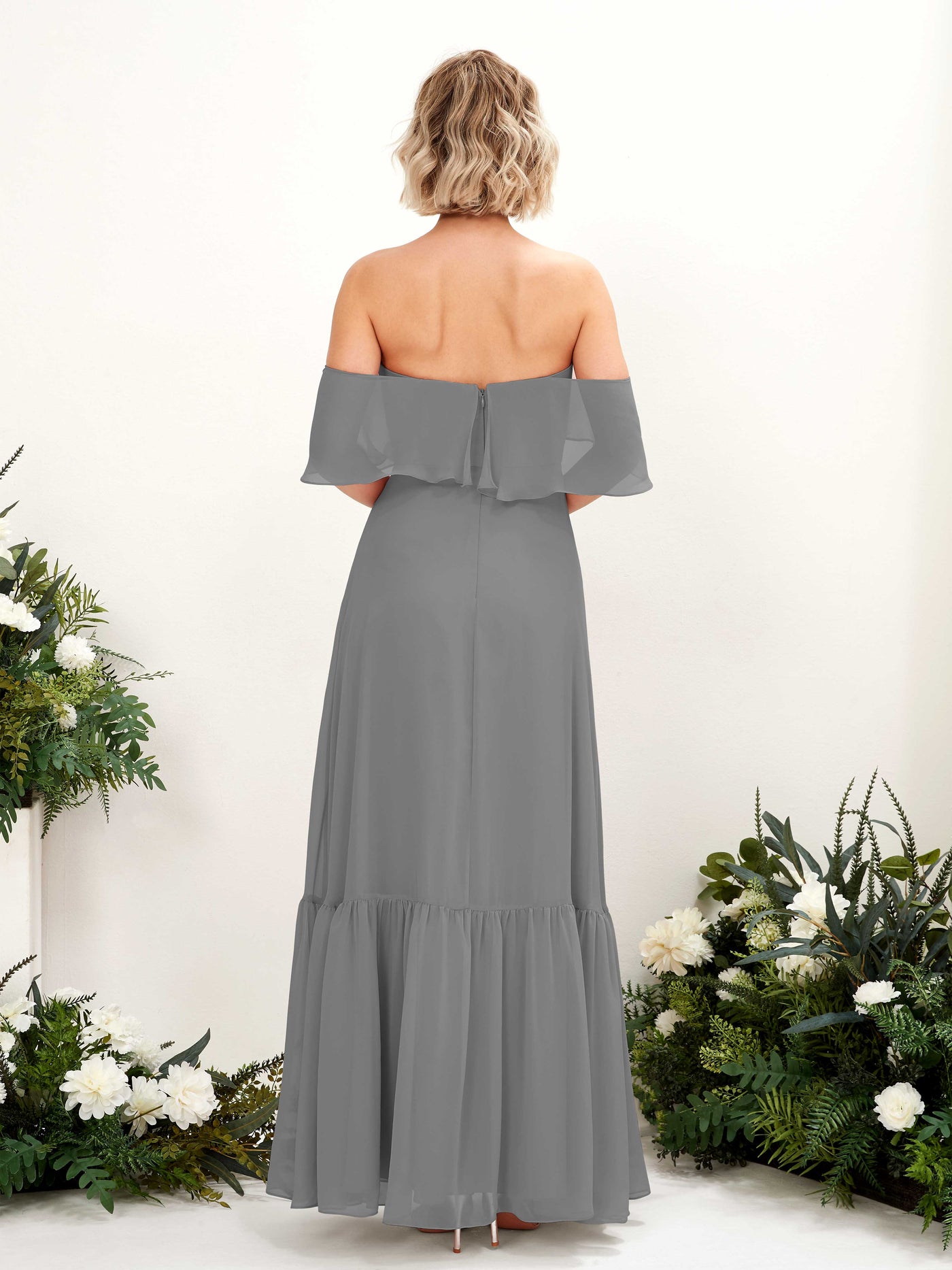 Carlyna Joie A-Line Steel Gray Bridesmaid Dress Maxi Sleeveless Off the Shoulder Dress #color_steel-gray