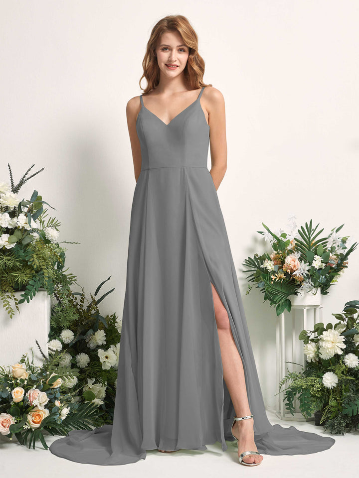 Bridesmaid Dress A-line Chiffon Spaghetti-straps Full Length Sleeveless Wedding Party Dress - Steel Gray (81227720)