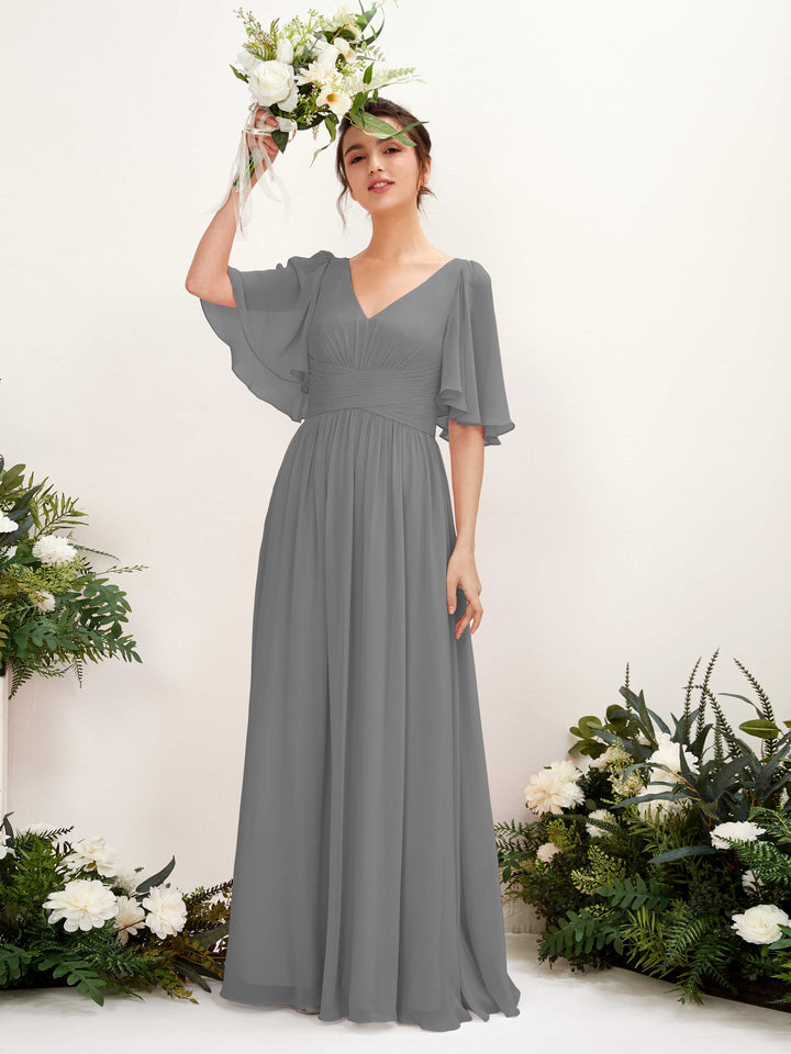 Carlyna Odette A-Line Steel Gray Bridesmaid Dress Maxi Short Sleeve V-Neck Dress 