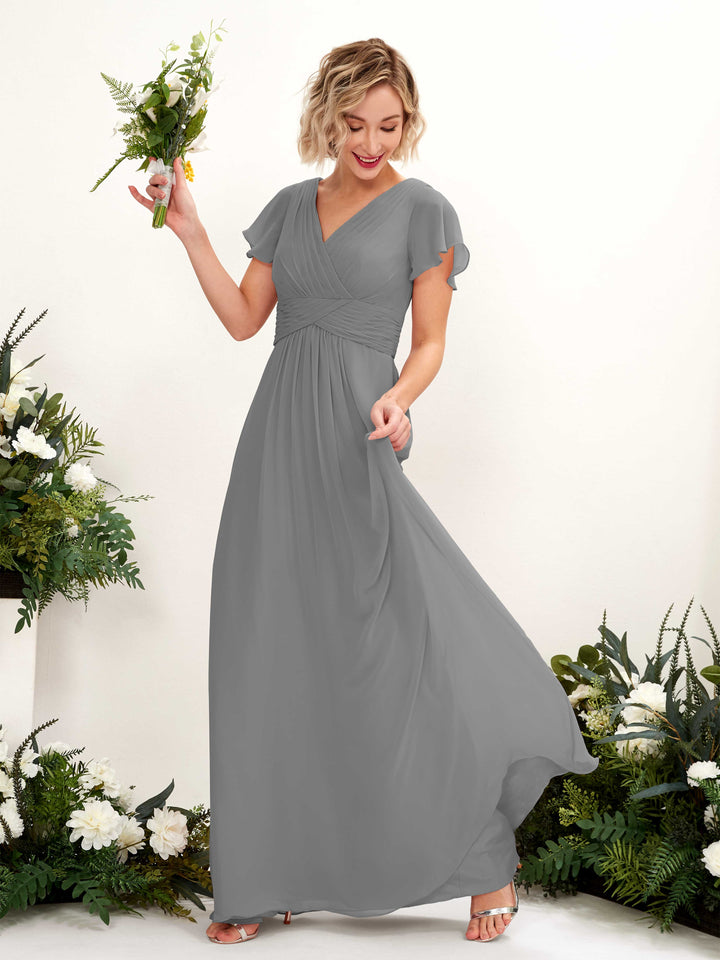 A-line V-neck Cap Sleeves Chiffon Bridesmaid Dress - Steel Gray (81224320)